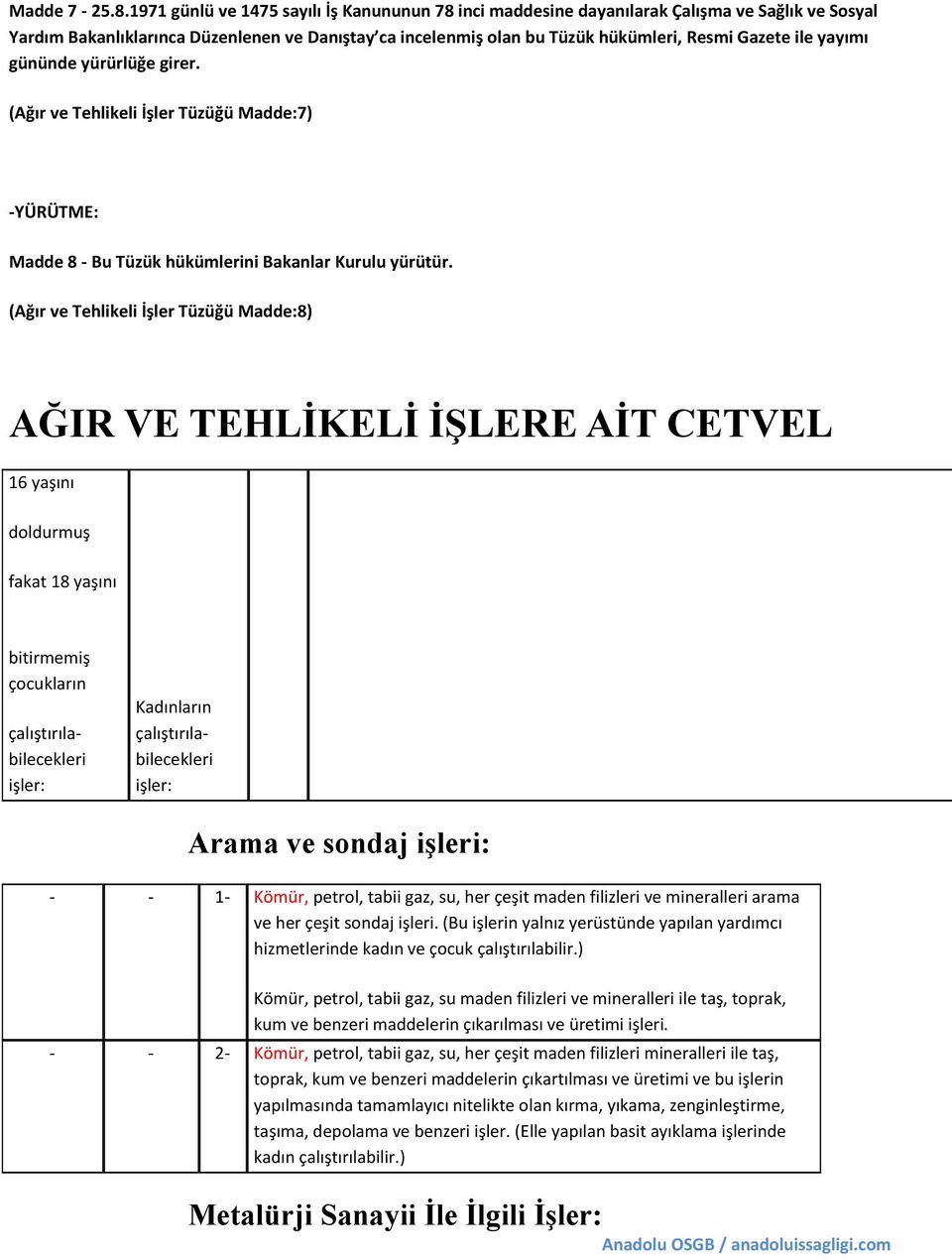 yayımı gününde yürürlüğe girer. (Ağır ve Tehlikeli İşler Tüzüğü Madde:7) -YÜRÜTME: Madde 8 - Bu Tüzük hükümlerini Bakanlar Kurulu yürütür.