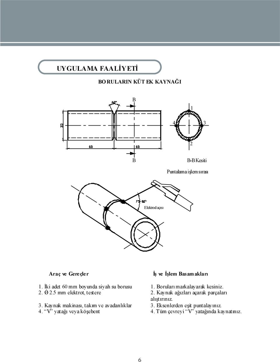 Boruları markalayarak kesiniz. 2. Ǿ 2.5 mm elektrot, testere 2. Kaynak ağızları açarak parçaları alıştırınız. 3.