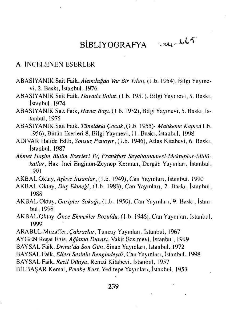 Baskı, İstanbul, 1998 ADİVAR Halide Edib, Sonsuz Panayır. (I.b. 1946), Atlas Kitabevi, 6. Baskı, Lstanbul, 1987 Ahmet Ha^iın Bütün Eserleri IV. Frankfurt Seyahatııaınesi-Mektuplar-MiHâkatlar. Ha?.. İnci Enginiin-Zeynep Kerınan, Dergâb Yayınları, istanbul, 1991 AKBALOktay,/iffaK tom/ar.