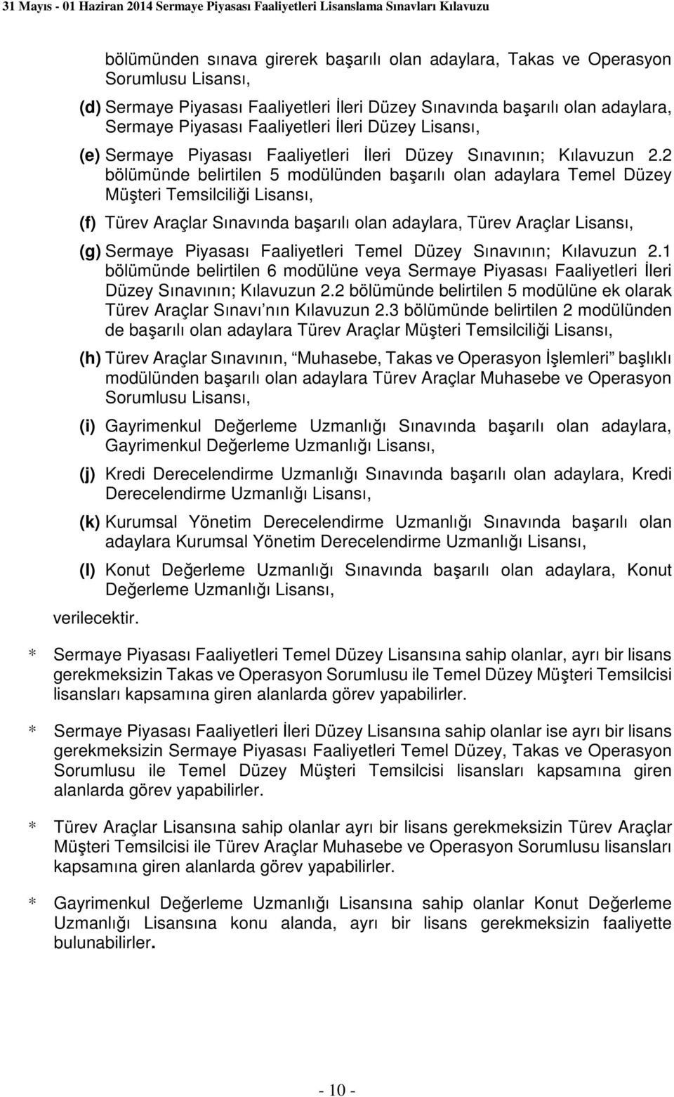 2 bölümünde belirtilen 5 modülünden başarılı olan adaylara Temel Düzey Müşteri Temsilciliği Lisansı, (f) Türev Araçlar Sınavında başarılı olan adaylara, Türev Araçlar Lisansı, (g) Sermaye Piyasası