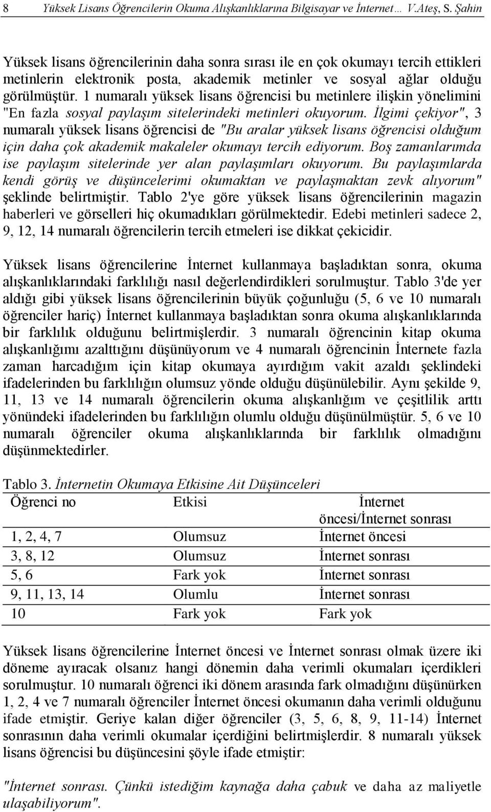 1 numaralı yüksek lisans öğrencisi bu metinlere ilişkin yönelimini "En fazla sosyal paylaşım sitelerindeki metinleri okuyorum.