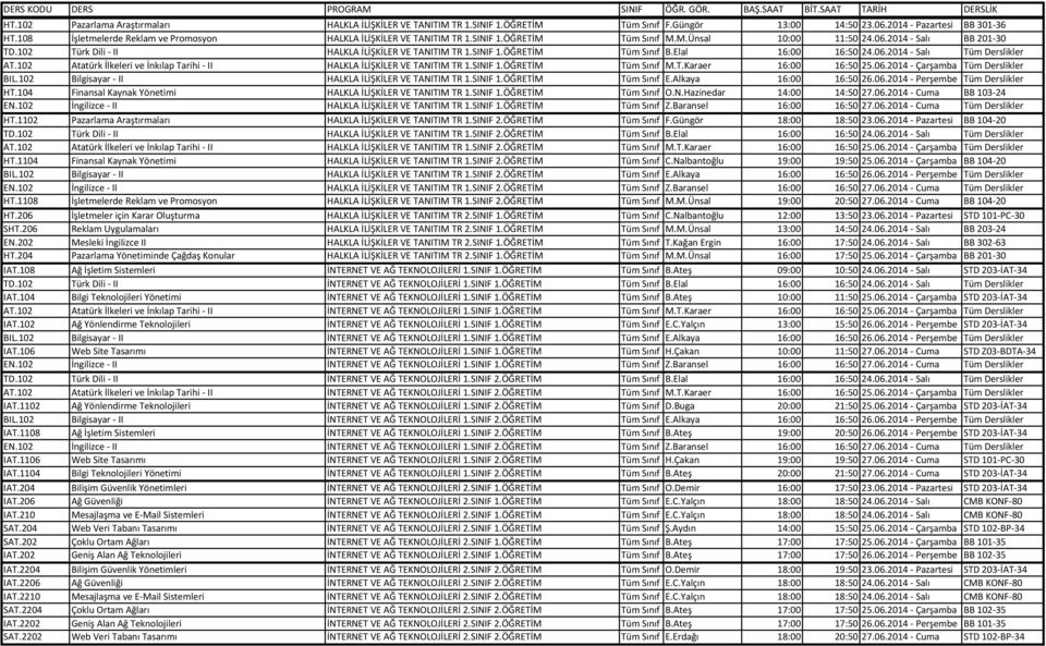 102 Türk Dili - II HALKLA İLİŞKİLER VE TANITIM TR 1.SINIF 1.ÖĞRETİM Tüm Sınıf B.Elal 16:00 16:50 24.06.2014 - Salı Tüm Derslikler AT.