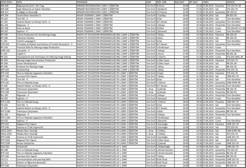 P.Poyraz 12:00 13:50 25.06.2014 - Çarşamba BB 103-24 MT.104 Temel Dikim Teknikleri II MODA TASARIMI 1.SINIF 1.ÖĞRETİM Tüm Sınıf E.Tambay 10:00 11:50 24.06.2014 - Salı BB 301-36 TD.