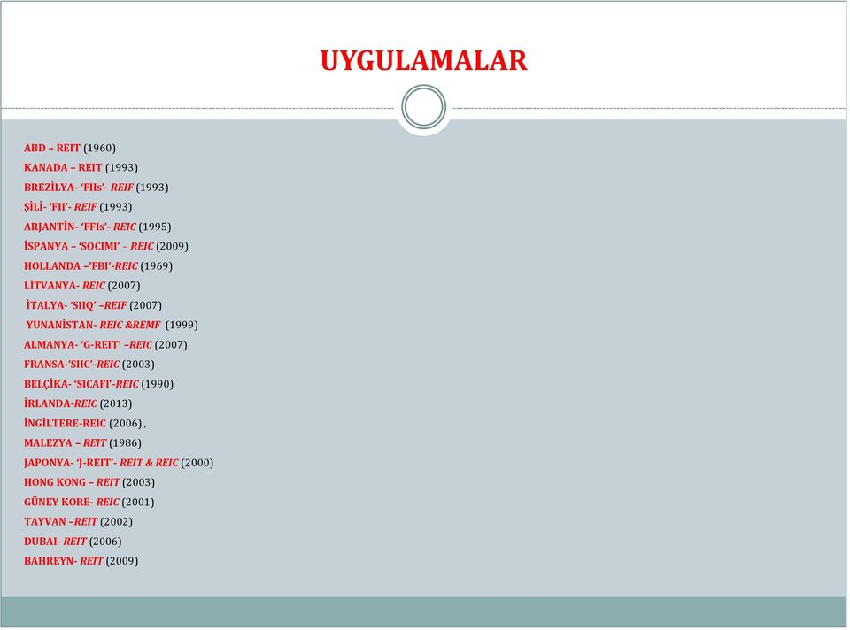 G-REIT REIC (2007) FRANSA- SIIC -REIC (2003) BELÇİKA- SICAFI -REIC (1990) İRLANDA-REIC (2013) İNGİLTERE-REIC (2006), MALEZYA REIT (1986)