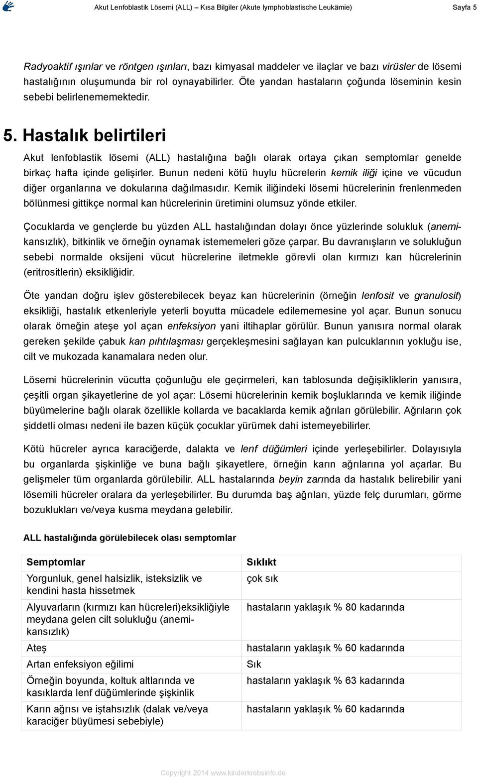 Hastalık belirtileri Akut lenfoblastik lösemi (ALL) hastalığına bağlı olarak ortaya çıkan semptomlar genelde birkaç hafta içinde gelişirler.