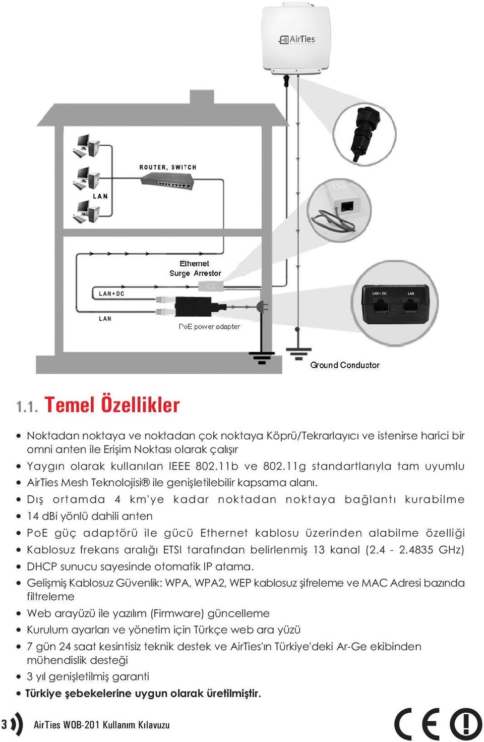 Dýþ ortamda 4 km'ye kadar noktadan noktaya baðlantý kurabilme 14 dbi yönlü dahili anten PoE güç adaptörü ile gücü Ethernet kablosu üzerinden alabilme özelliði Kablosuz frekans aralýðý ETSI tarafýndan