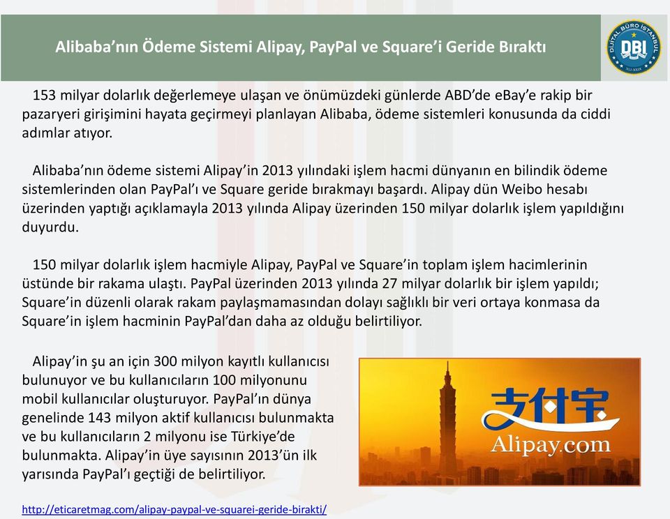 Alibaba nın ödeme sistemi Alipay in 2013 yılındaki işlem hacmi dünyanın en bilindik ödeme sistemlerinden olan PayPal ı ve Square geride bırakmayı başardı.