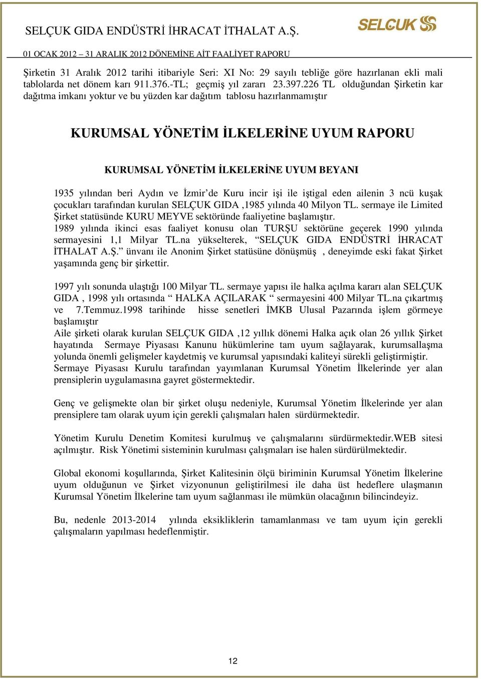 beri Aydın ve İzmir de Kuru incir işi ile iştigal eden ailenin 3 ncü kuşak çocukları tarafından kurulan SELÇUK GIDA,1985 yılında 40 Milyon TL.