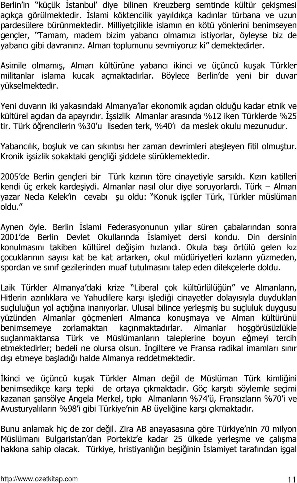 Asimile olmamış, Alman kültürüne yabancı ikinci ve üçüncü kuşak Türkler militanlar islama kucak açmaktadırlar. Böylece Berlin de yeni bir duvar yükselmektedir.