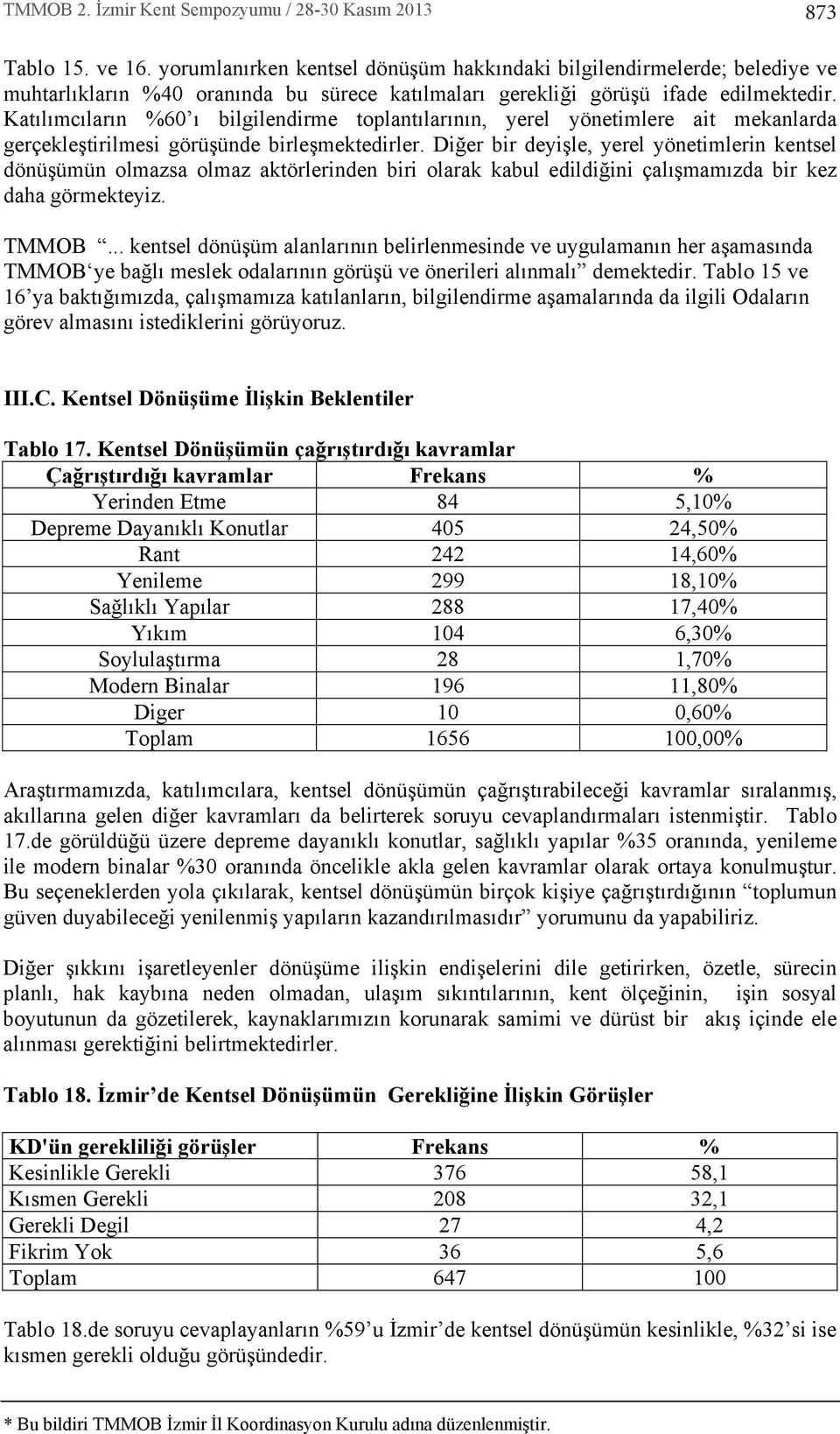 Diğer bir deyişle, yerel yönetimlerin kentsel dönüşümün olmazsa olmaz aktörlerinden biri olarak kabul edildiğini çal şmam zda bir kez daha görmekteyiz. TMMOB.