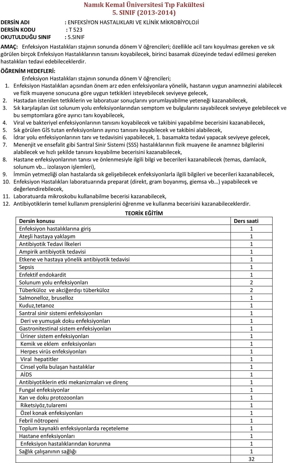 düzeyinde tedavi edilmesi gereken hastalıkları tedavi edebileceklerdir. ÖĞRENİM HEDEFLERİ: Enfeksiyon Hastalıkları stajının sonunda dönem V öğrencileri; 1.