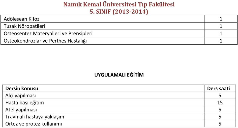 EĞİTİM Dersin konusu Ders saati Alçı yapılması 5 Hasta başı eğitim