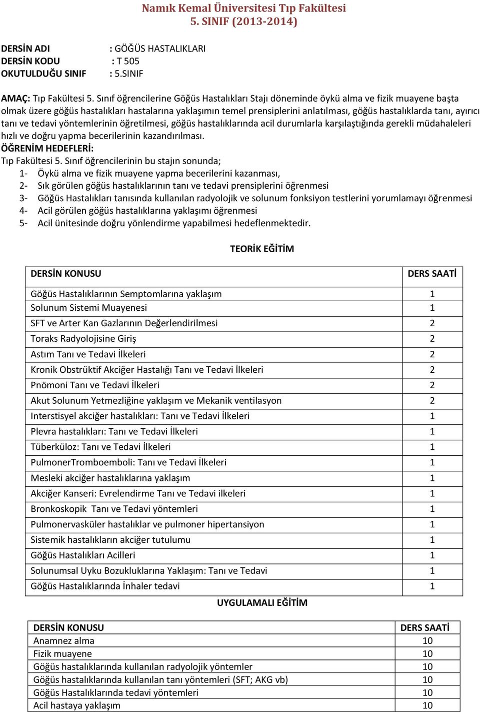 tanı, ayırıcı tanı ve tedavi yöntemlerinin öğretilmesi, göğüs hastalıklarında acil durumlarla karşılaştığında gerekli müdahaleleri hızlı ve doğru yapma becerilerinin kazandırılması.