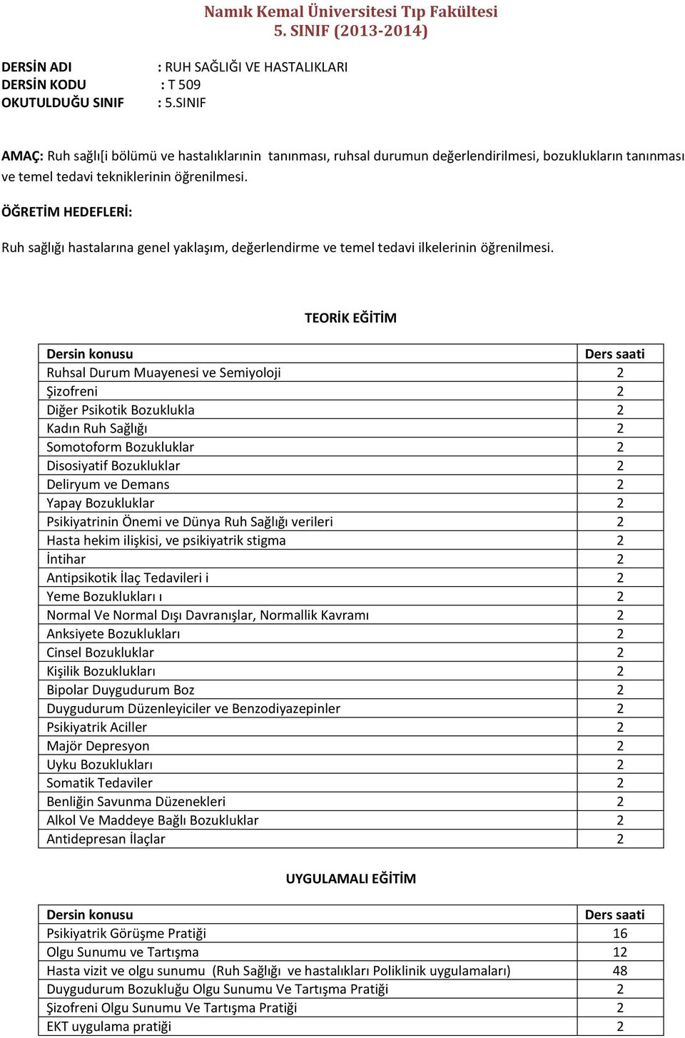 ÖĞRETİM HEDEFLERİ: Ruh sağlığı hastalarına genel yaklaşım, değerlendirme ve temel tedavi ilkelerinin öğrenilmesi.