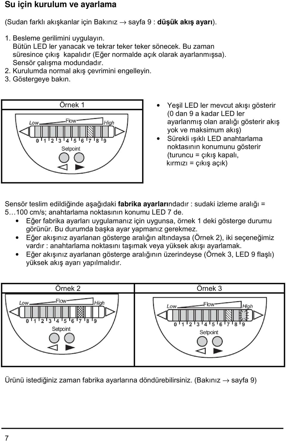 Örnek 1 Yeşil LED ler mevcut akışı gösterir (0 dan 9 a kadar LED ler ayarlanmış olan aralığı gösterir akış yok ve maksimum akış) Sürekli ışıklı LED anahtarlama noktasının konumunu gösterir (turuncu =