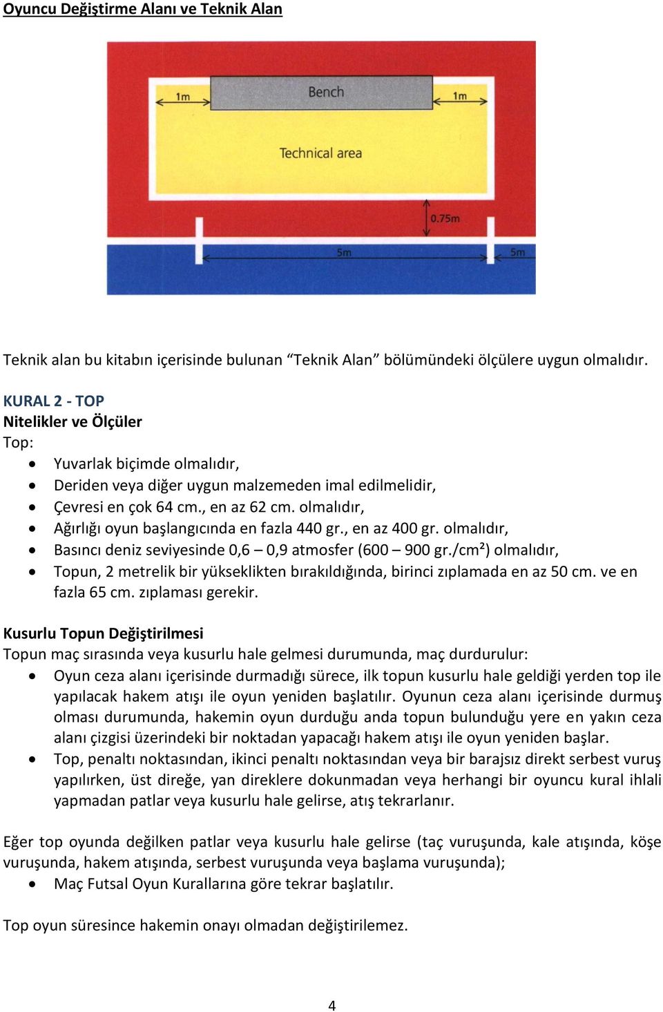 olmalıdır, Ağırlığı oyun başlangıcında en fazla 440 gr., en az 400 gr. olmalıdır, Basıncı deniz seviyesinde 0,6 0,9 atmosfer (600 900 gr.