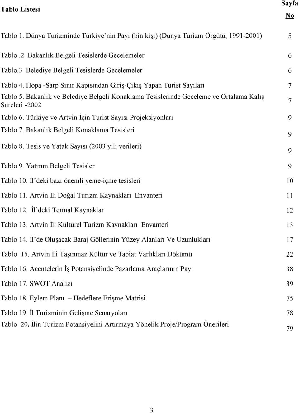 Bakanlk ve Belediye Belgeli Konaklama Tesislerinde Geceleme ve Ortalama Kal9 Süreleri -2002 7 Tablo 6. Türkiye ve Artvin *çin Turist Says Projeksiyonlar 9 Tablo 7.