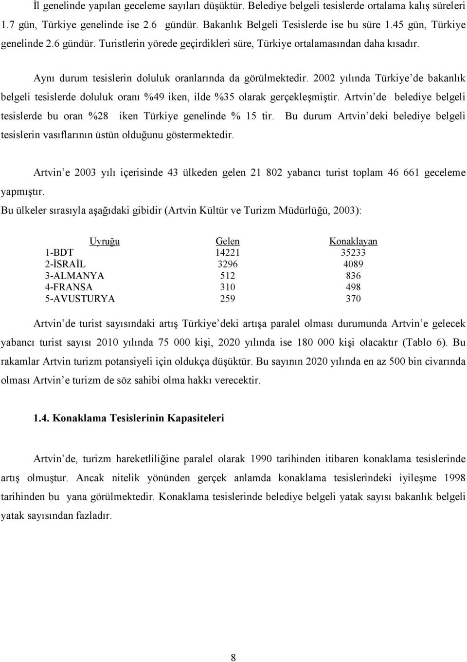2002 ylnda Türkiye de bakanlk belgeli tesislerde doluluk oran %49 iken, ilde %35 olarak gerçekle9mi9tir. Artvin de belediye belgeli tesislerde bu oran %28 iken Türkiye genelinde % 15 tir.