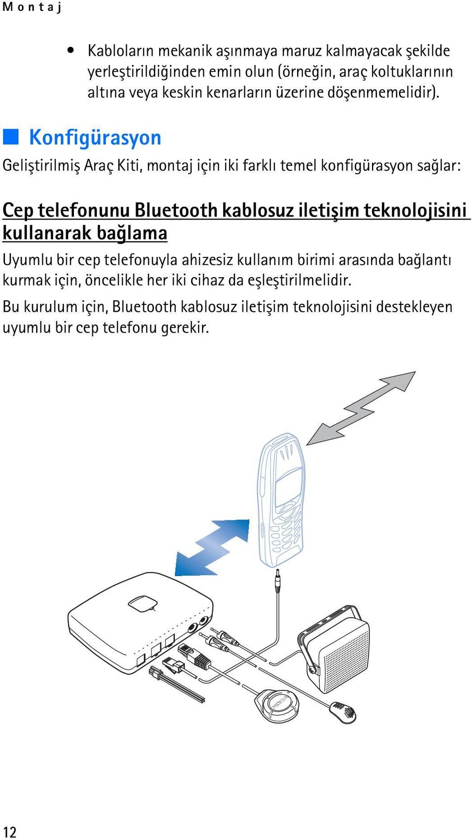 Konfigürasyon Geliþtirilmiþ Araç Kiti, montaj için iki farklý temel konfigürasyon saðlar: Cep telefonunu Bluetooth kablosuz iletiþim