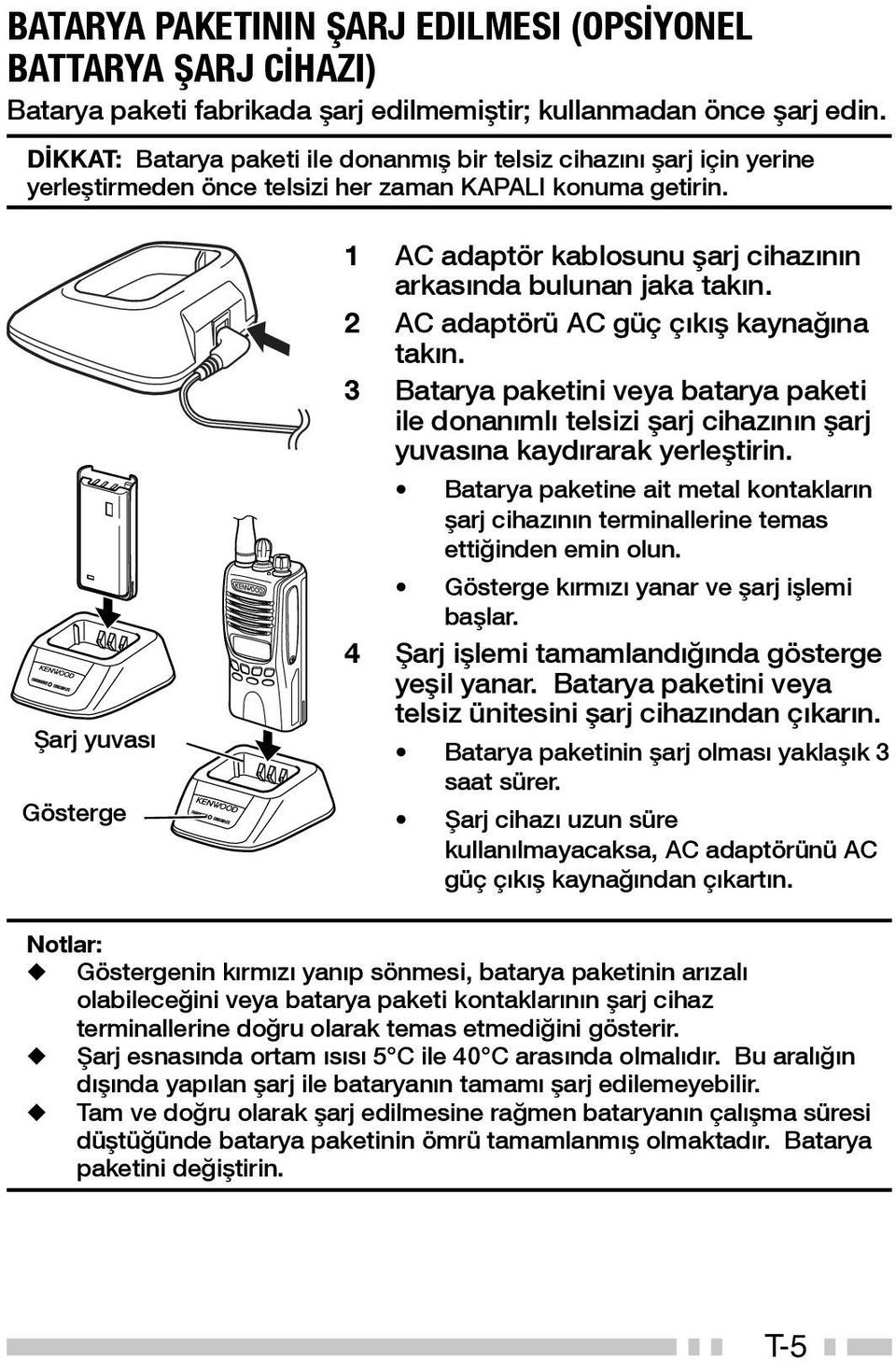 Şarj yuvası Gösterge 1 AC adaptör kablosunu şarj cihazının arkasında bulunan jaka takın. 2 AC adaptörü AC güç çıkış kaynağına takın.