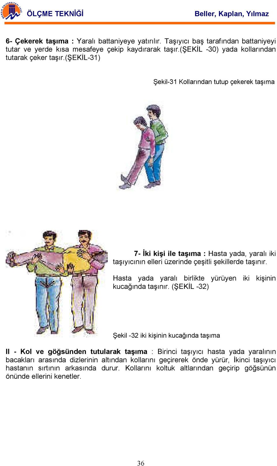 (şekil-31) Şekil-31 Kollarından tutup çekerek taşıma 7- İki kişi ile taşıma : Hasta yada, yaralı iki taşıyıcının elleri üzerinde çeşitli şekillerde taşınır.