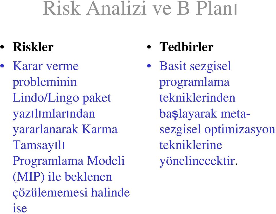 beklenen çözülememesi halinde ise Basit sezgisel programlama