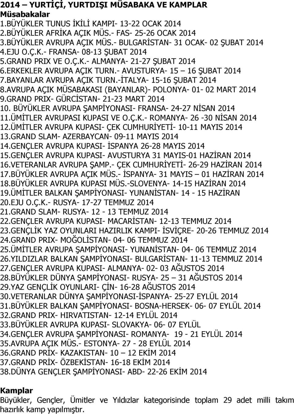 BAYANLAR AVRUPA AÇIK TURN.-İTALYA- 15-16 ŞUBAT 2014 8.AVRUPA AÇIK MÜSABAKASI (BAYANLAR)- POLONYA- 01-02 MART 2014 9.GRAND PRIX- GÜRCİSTAN- 21-23 MART 2014 10.