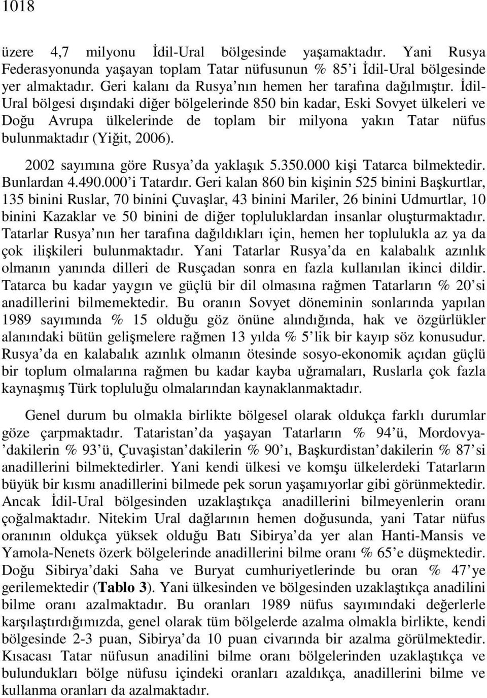 Đdil- Ural bölgesi dışındaki diğer bölgelerinde 850 bin kadar, Eski Sovyet ülkeleri ve Doğu Avrupa ülkelerinde de toplam bir milyona yakın Tatar nüfus bulunmaktadır (Yiğit, 2006).