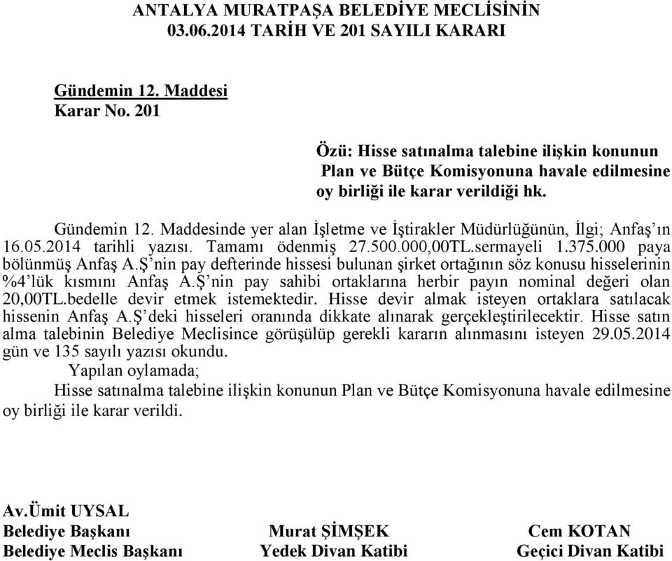 Ş nin pay defterinde hissesi bulunan şirket ortağının söz konusu hisselerinin %4 lük kısmını Anfaş A.Ş nin pay sahibi ortaklarına herbir payın nominal değeri olan 20,00TL.