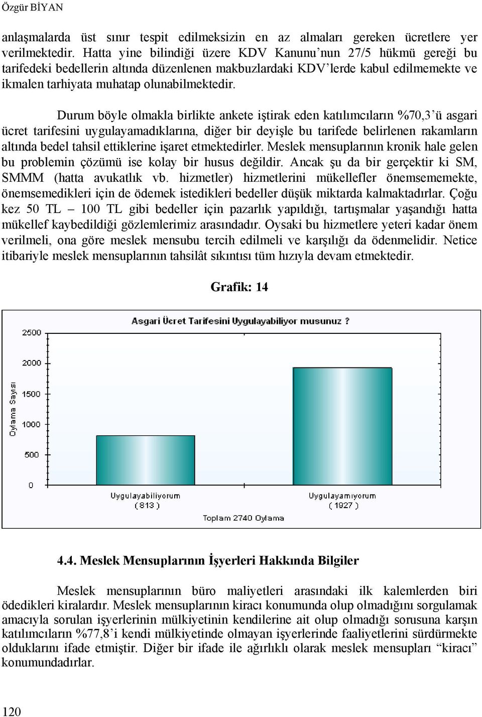 Durum böyle olmakla birlikte ankete iştirak eden katılımcıların %70,3 ü asgari ücret tarifesini uygulayamadıklarına, diğer bir deyişle bu tarifede belirlenen rakamların altında bedel tahsil