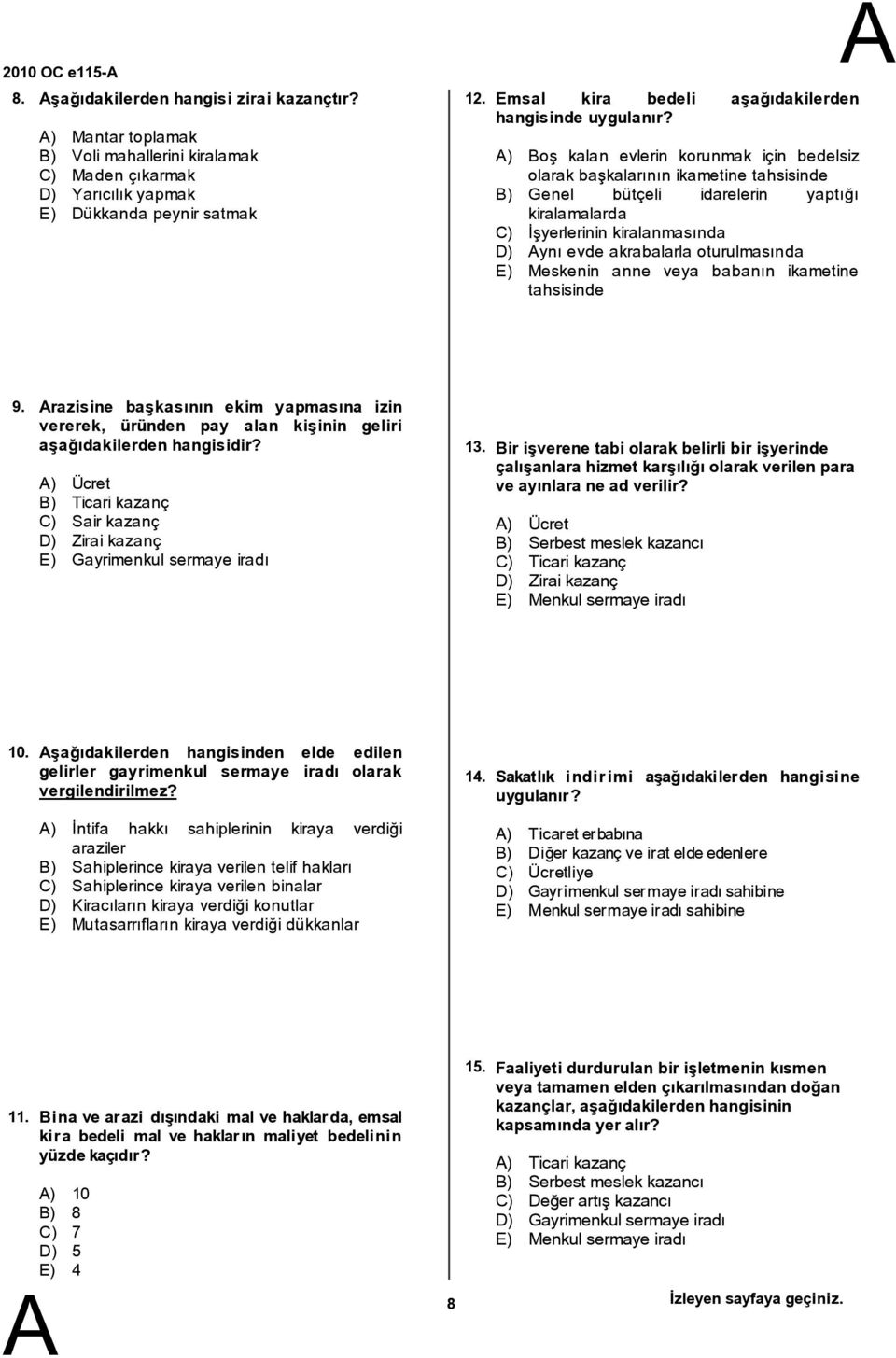 ) oş kalan evlerin korunmak için bedelsiz olarak başkalarının ikametine tahsisinde ) Genel bütçeli idarelerin yaptığı kiralamalarda C) İşyerlerinin kiralanmasında D) ynı evde akrabalarla