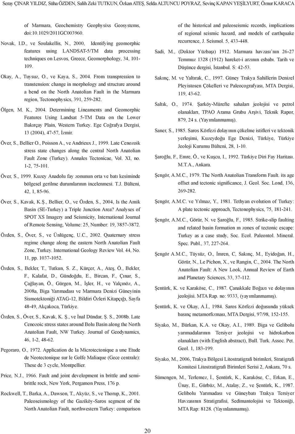 , 2004. From transpression to transtension: change in morphology and structure around a bend on the North Anatolian Fault in the Marmara region, Tectonophysics, 391, 259-282. Ölgen, M. K., 2004. Determining Lineaments and Geomorphic Features Using Landsat 5-TM Data on the Lower Bakırçay Plain, Western Turkey.