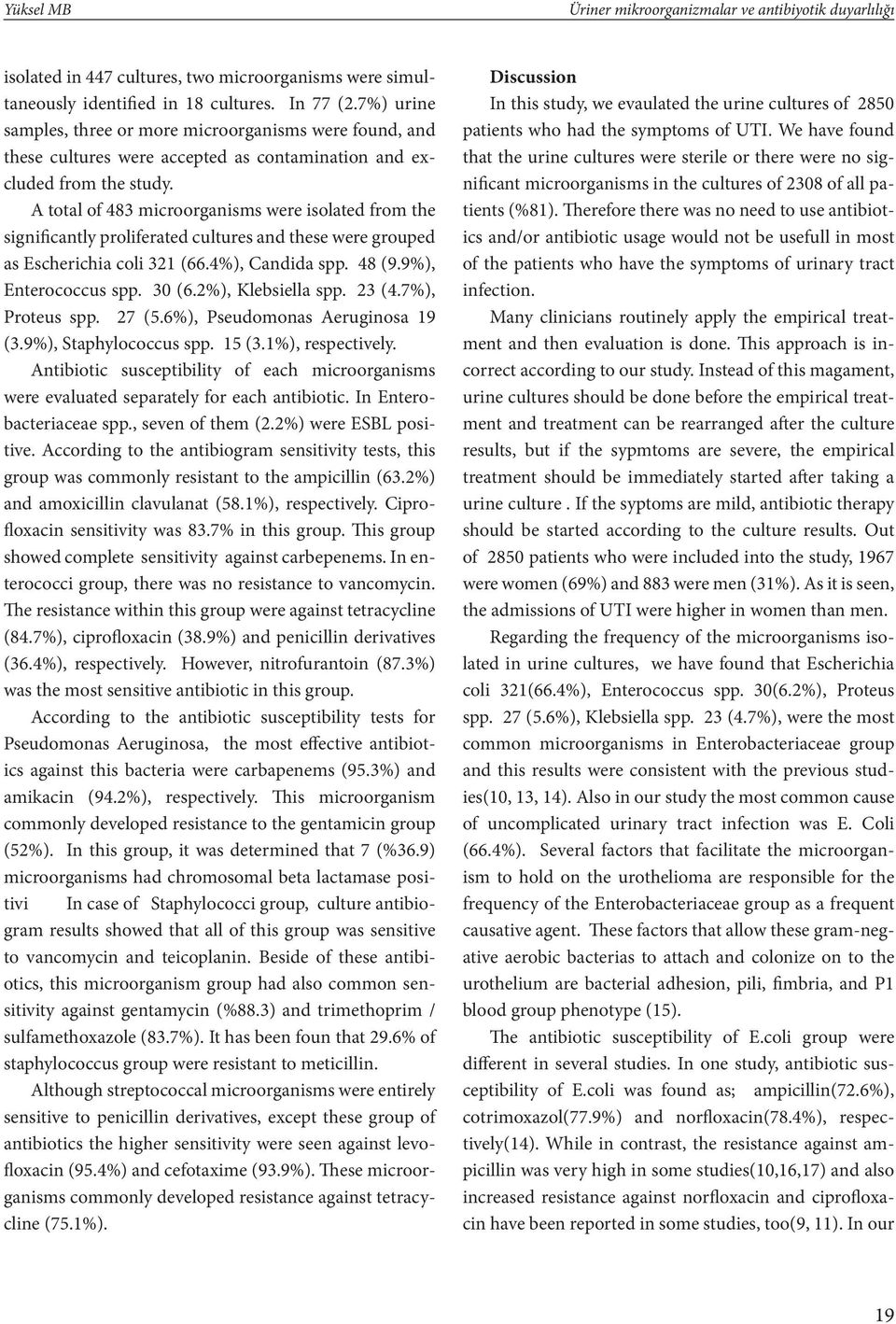 A total of 483 microorganisms were isolated from the significantly proliferated cultures and these were grouped as Escherichia coli 321 (66.4%), Candida spp. 48 (9.9%), Enterococcus spp. 30 (6.