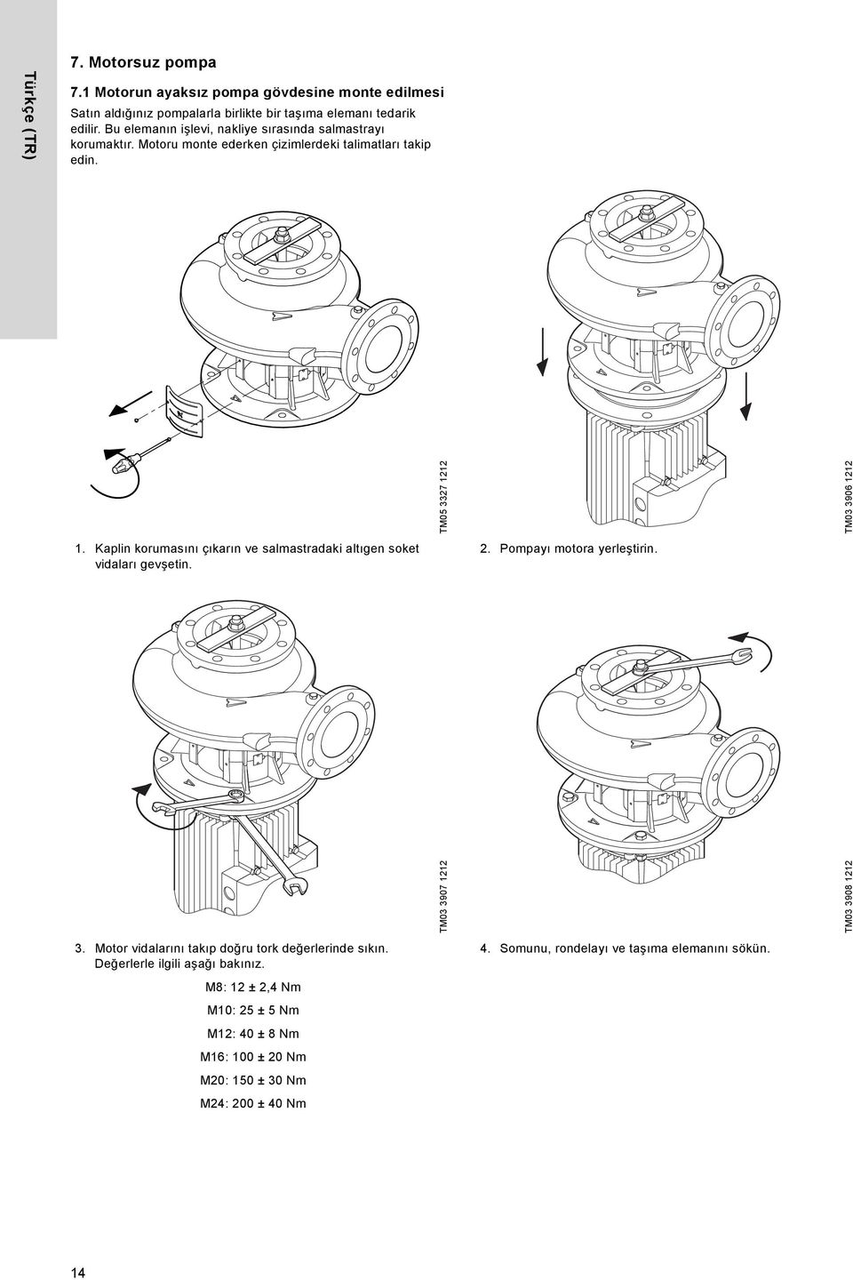 Kaplin korumasını çıkarın ve salmastradaki altıgen soket vidaları gevşetin. 2. Pompayı motora yerleştirin. TM03 3907 1212 TM03 3908 1212 3.