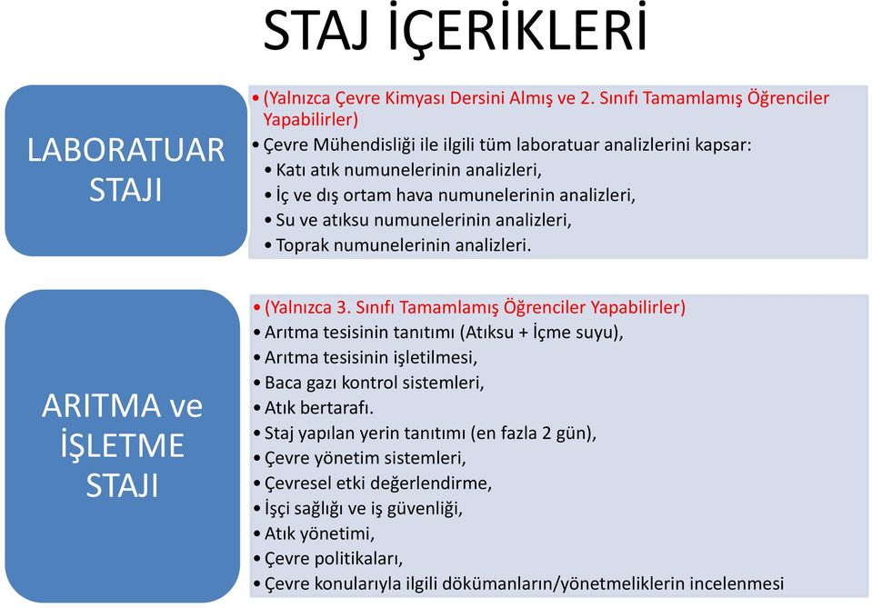 Su ve atıksu numunelerinin analizleri, Toprak numunelerinin analizleri. ARITMA ve İŞLETME STAJI (Yalnızca 3.