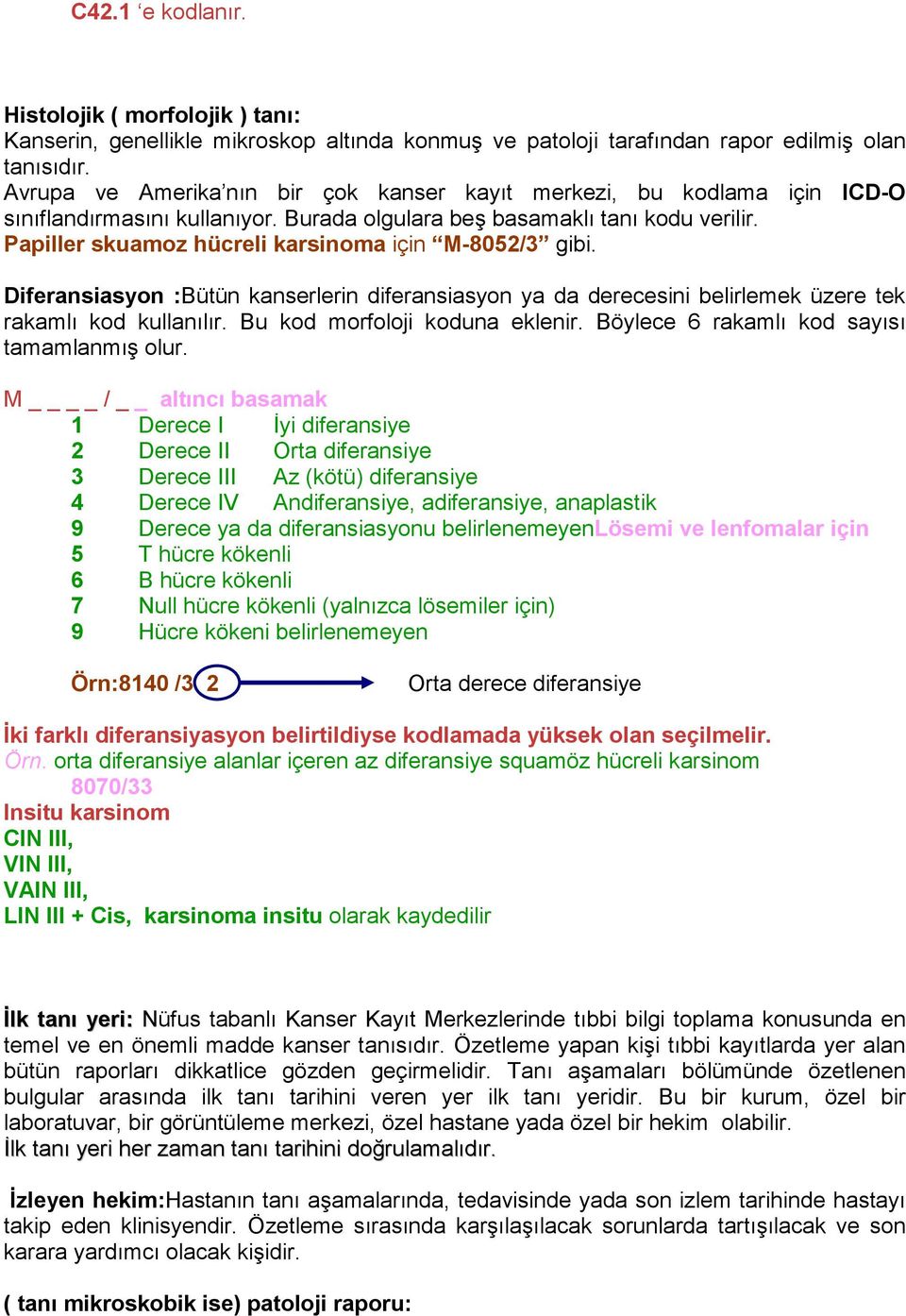 Papiller skuamoz hücreli karsinoma için M-8052/3 gibi. Diferansiasyon :Bütün kanserlerin diferansiasyon ya da derecesini belirlemek üzere tek rakamlı kod kullanılır. Bu kod morfoloji koduna eklenir.