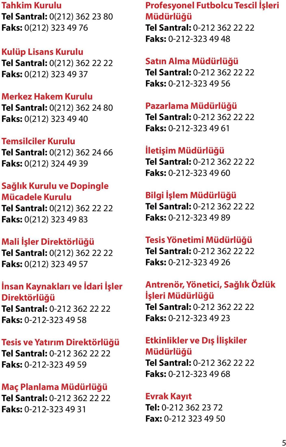 Direktörlüğü Tel Santral: 0(212) 362 22 22 Faks: 0(212) 323 49 57 İnsan Kaynakları ve İdari İşler Direktörlüğü Tel Santral: 0-212 362 22 22 Faks: 0-212-323 49 58 Tesis ve Yatırım Direktörlüğü Tel