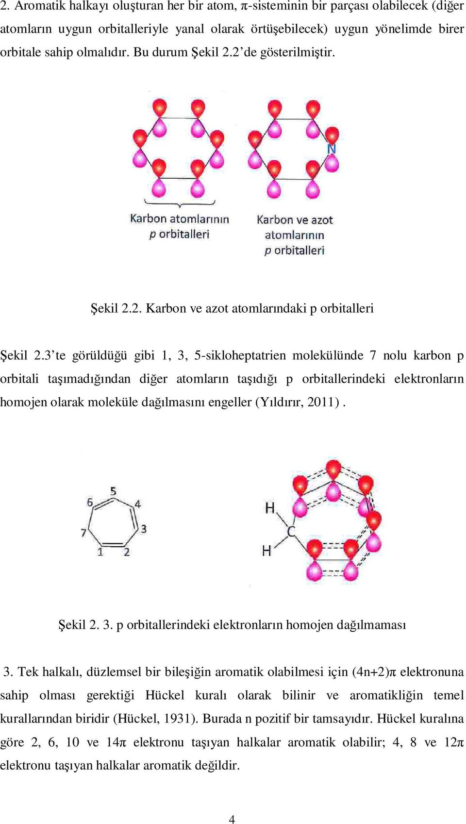 3 te görüldüğü gibi 1, 3, 5-sikloheptatrien molekülünde 7 nolu karbon p orbitali taşımadığından diğer atomların taşıdığı p orbitallerindeki elektronların homojen olarak moleküle dağılmasını engeller