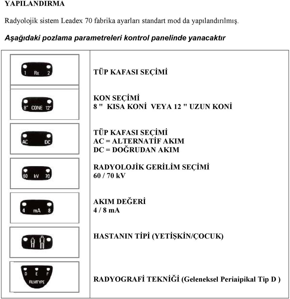 KONĐ VEYA 12 " UZUN KONĐ TÜP KAFASI SEÇĐMĐ AC = ALTERNATĐF AKIM DC = DOĞRUDAN AKIM RADYOLOJĐK GERĐLĐM