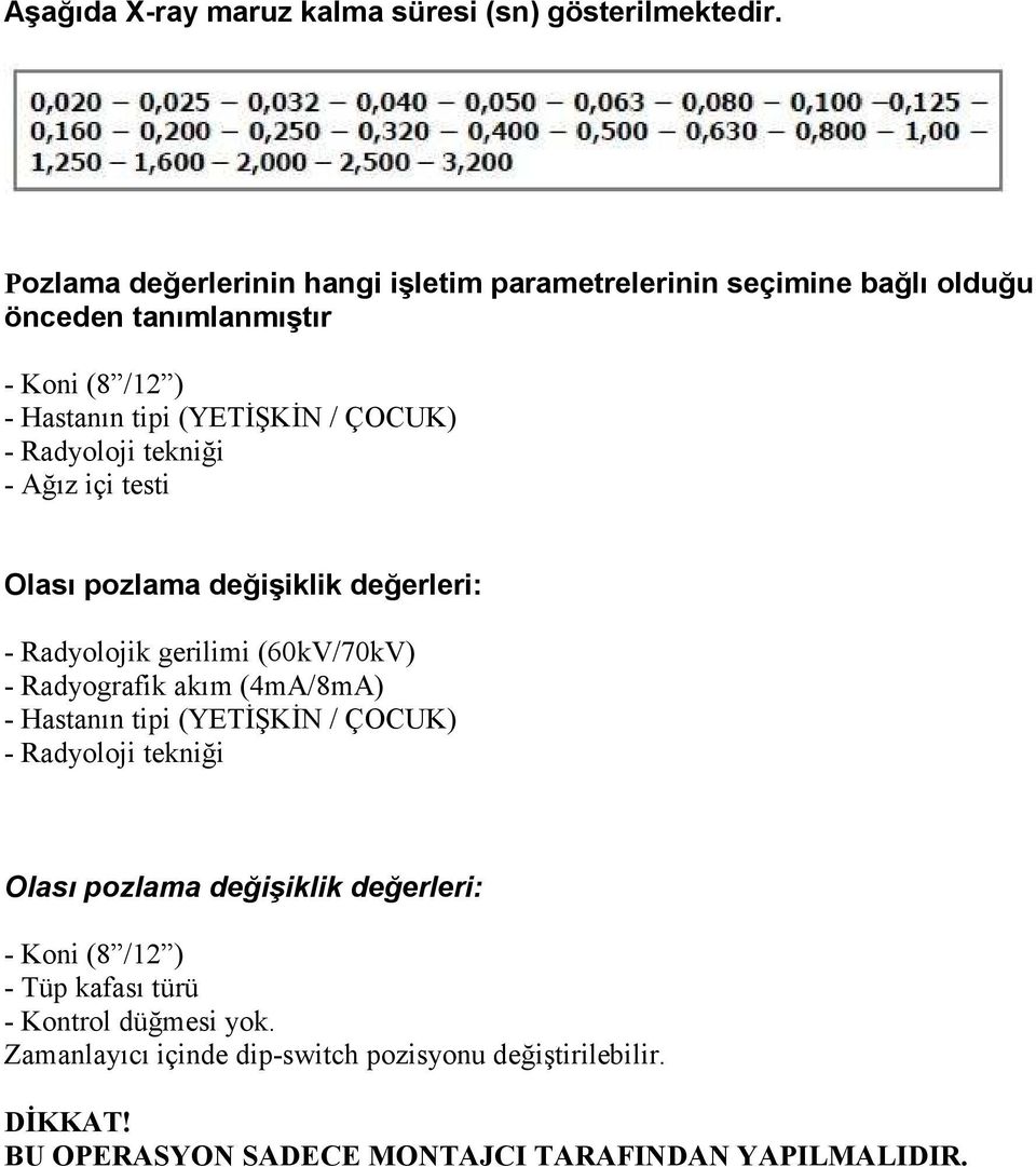 Radyoloji tekniği - Ağız içi testi Olası pozlama değişiklik değerleri: - Radyolojik gerilimi (60kV/70kV) - Radyografik akım (4mA/8mA) - Hastanın tipi