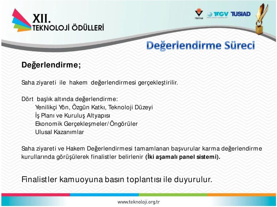 Ekonomik Gerçekleşmeler/Öngörüler Ulusal Kazanımlar Saha ziyareti ve Hakem Değerlendirmesi tamamlanan