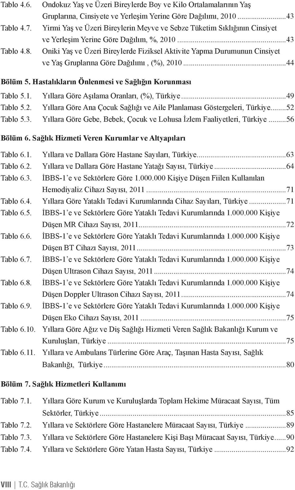 ..43 Oniki Yaş ve Üzeri Bireylerde Fiziksel Aktivite Yapma Durumunun Cinsiyet ve Yaş Gruplarına Göre Dağılımı, (%), 2010...44 Bölüm 5. Hastalıkların Önlenmesi ve Sağlığın Korunması Tablo 5.1. Tablo 5.2. Tablo 5.3. Yıllara Göre Aşılama Oranları, (%), Türkiye.