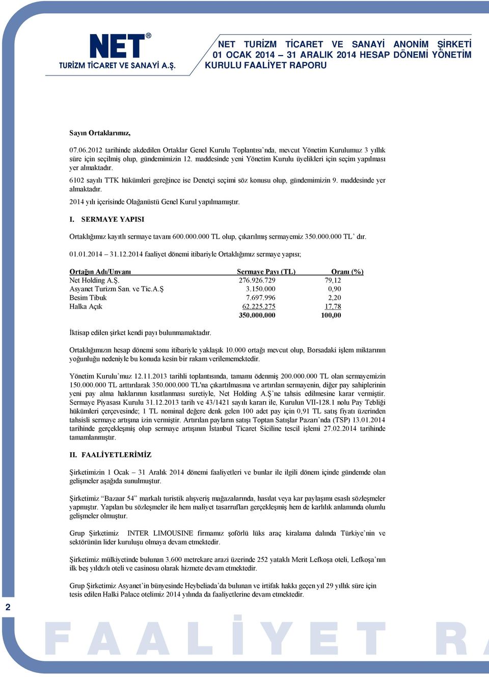 maddesinde yeni Yönetim Kurulu üyelikleri için seçim yapılması yer almaktadır. 6102 sayılı TTK hükümleri gereğince ise Denetçi seçimi söz konusu olup, gündemimizin 9. maddesinde yer almaktadır.