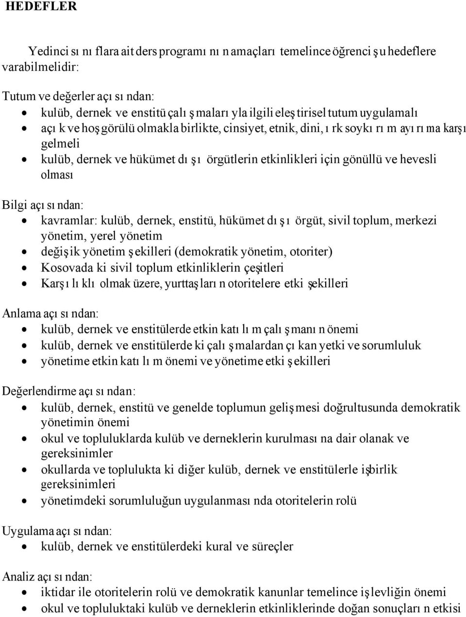 açısından: kavramlar: kulüb, dernek, enstitü, hükümet dışı örgüt, sivil toplum, merkezi yönetim, yerel yönetim değişik yönetim şekilleri (demokratik yönetim, otoriter) Kosovada ki sivil toplum