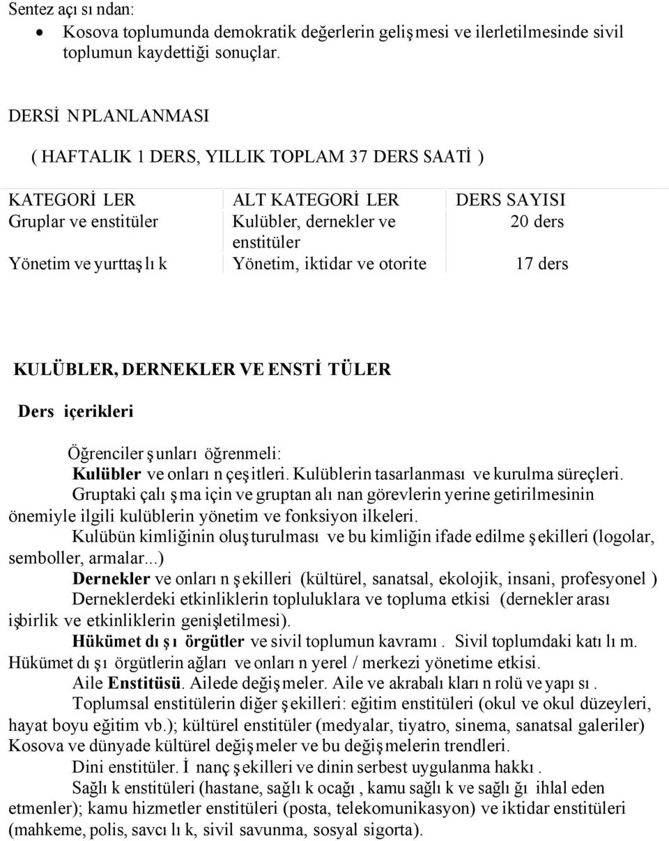 Yönetim, iktidar ve otorite 17 ders KULÜBLER, DERNEKLER VE ENSTİTÜLER Ders içerikleri Öğrenciler şunları öğrenmeli: Kulübler ve onların çeşitleri. Kulüblerin tasarlanması ve kurulma süreçleri.