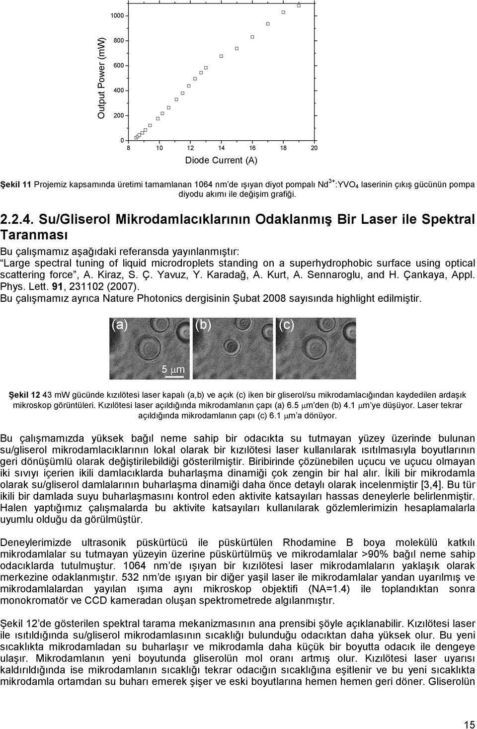 Su/Gliserol Mikrodamlacıklarının Odaklanmış Bir Laser ile Spektral Taranması Bu çalışmamız aşağıdaki referansda yayınlanmıştır: Large spectral tuning of liquid microdroplets standing on a