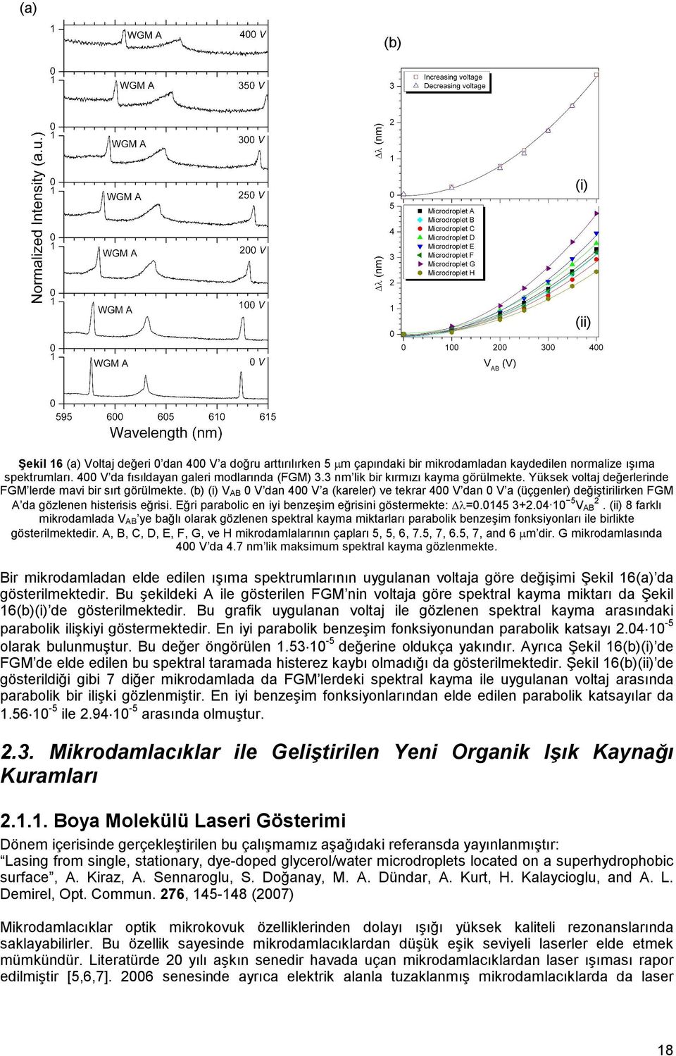 (b) (i) VAB 0 V dan 400 V a (kareler) ve tekrar 400 V dan 0 V a (üçgenler) değiştirilirken FGM A da gözlenen histerisis eğrisi. Eğri parabolic en iyi benzeşim eğrisini göstermekte: λ=0.0145 3+2.