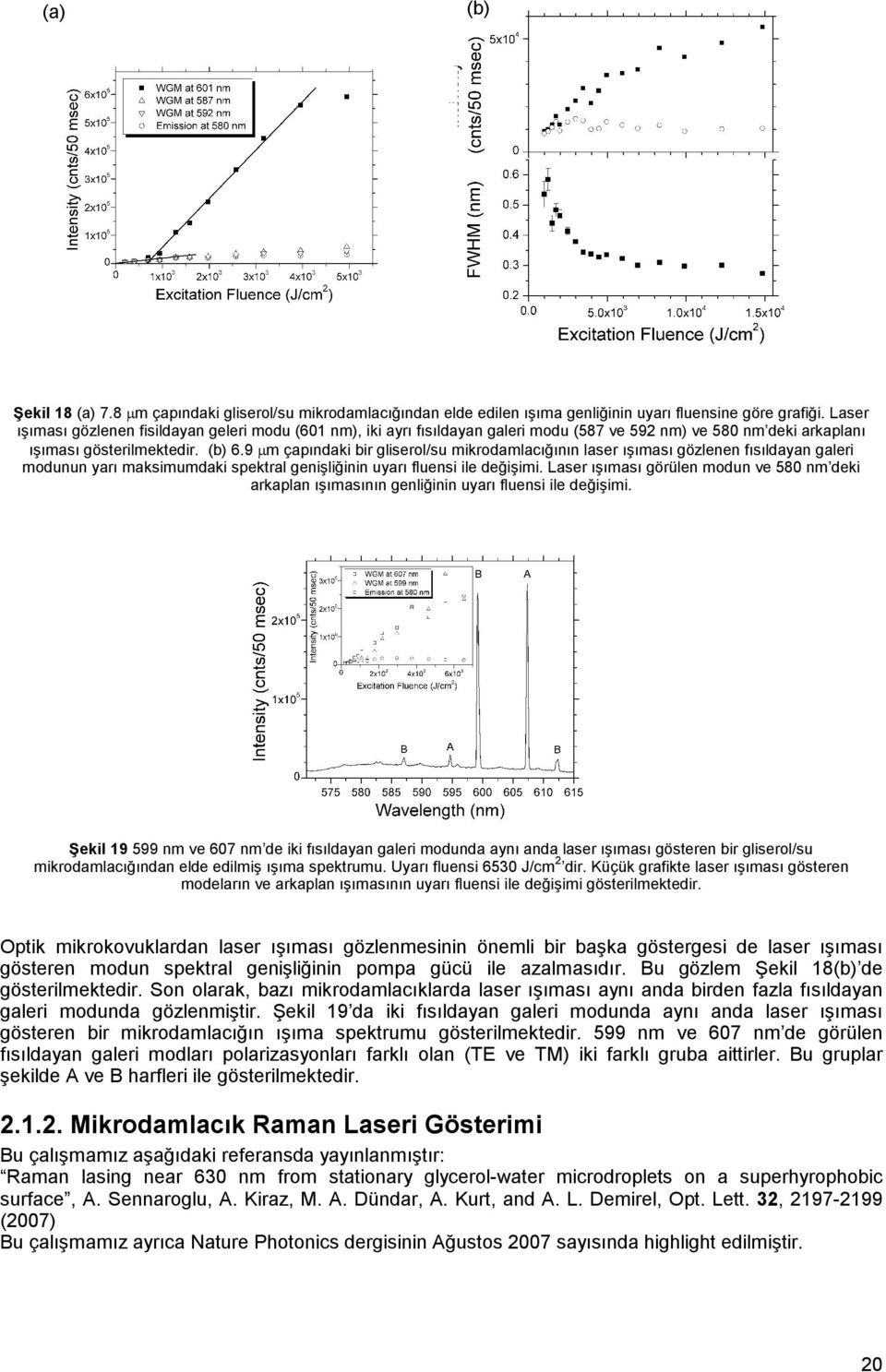 9 µm çapındaki bir gliserol/su mikrodamlacığının laser ışıması gözlenen fısıldayan galeri modunun yarı maksimumdaki spektral genişliğinin uyarı fluensi ile değişimi.