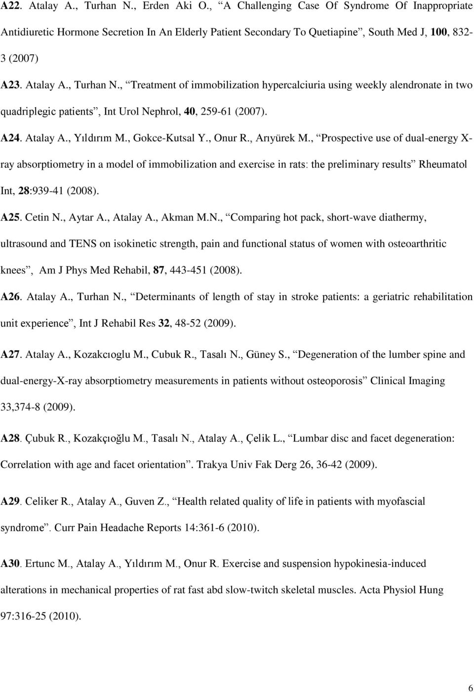 , Treatment of immobilization hypercalciuria using weekly alendronate in two quadriplegic patients, Int Urol Nephrol, 40, 259-61 (2007). A24. Atalay A., Yıldırım M., Gokce-Kutsal Y., Onur R.