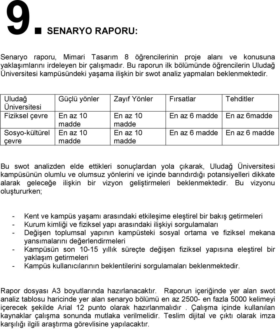 Uludağ Güçlü yönler Zayıf Yönler Fırsatlar Tehditler Üniversitesi Fiziksel çevre En az 10 En az 10 En az 6 madde En az 6madde madde madde Sosyo-kültürel çevre En az 10 madde En az 10 madde En az 6